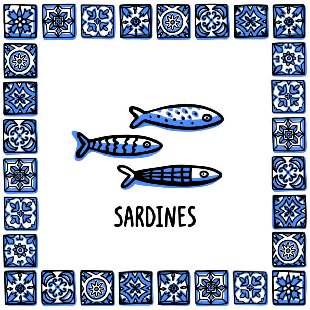포르투갈 랜드마크 설정합니다. 신선한 조개, 전통적인 진미 해산물 포르투갈어의 프레임에 조개 타일. 스케치 스타일 벡터 일러스트 레이 션, 기념품, 자석, 포스트 카드 - portugal stock illustrations