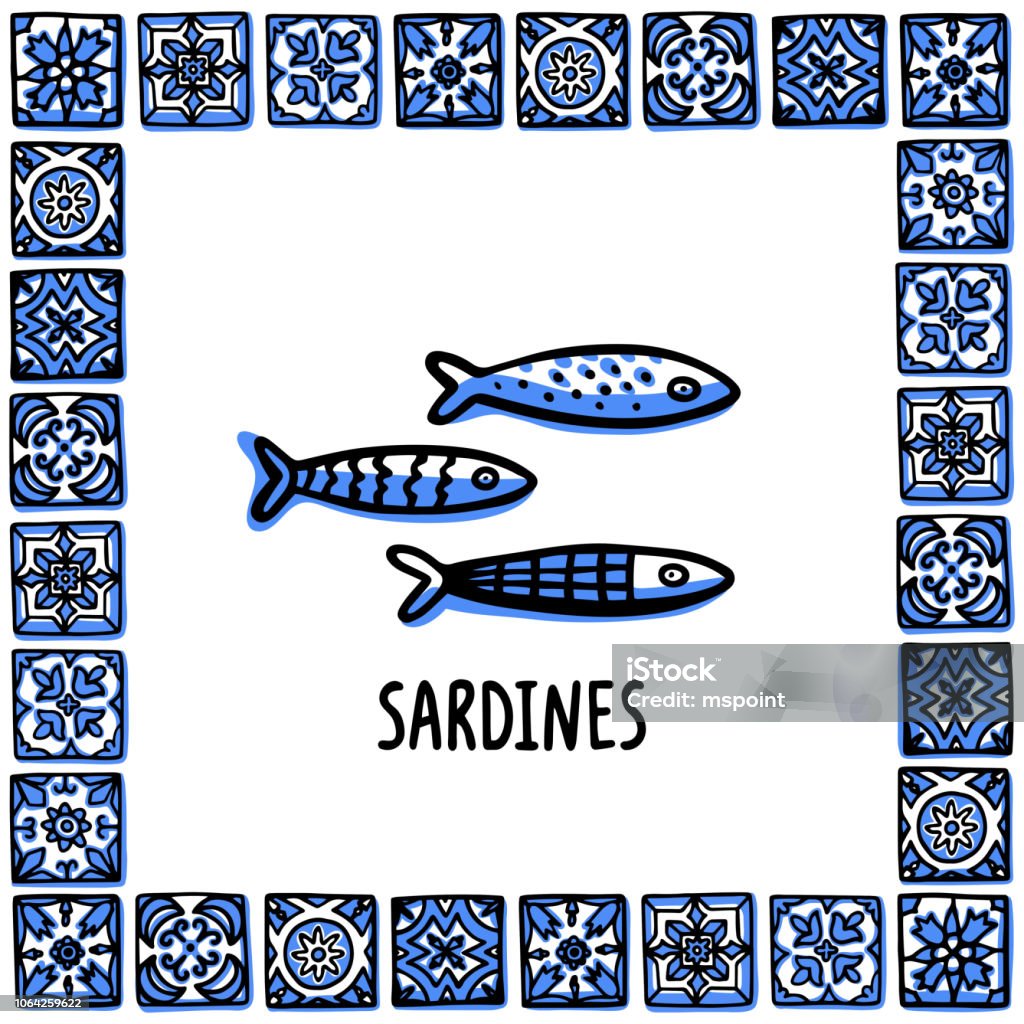 Portugal landmarks set. Fresh shellfish, traditional delicacy seafood. Shellfish in frame of Portuguese tiles. Sketch style vector illustration, for souvenirs, magnets, post cards - Royalty-free Portugal arte vetorial