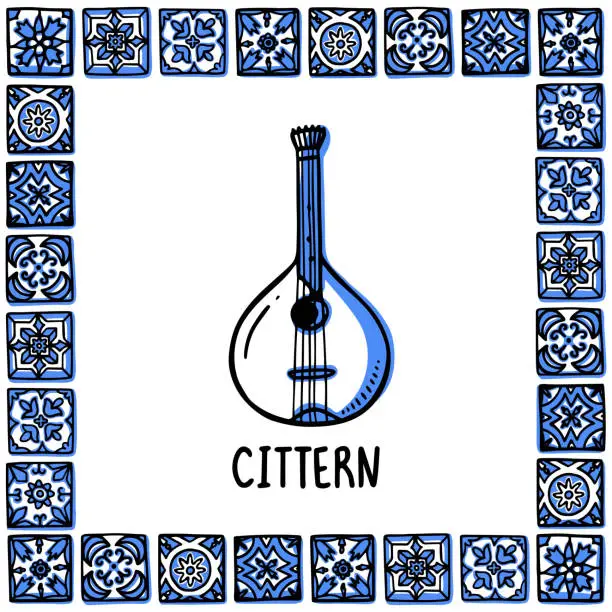 Vector illustration of Portugal landmarks set. Portuguese fado guitar, cittern. Guiter in frame of Portuguese tiles, azulejo. Handdrawn sketch style vector illustration. Exellent for souvenirs, magnets, banner, post cards