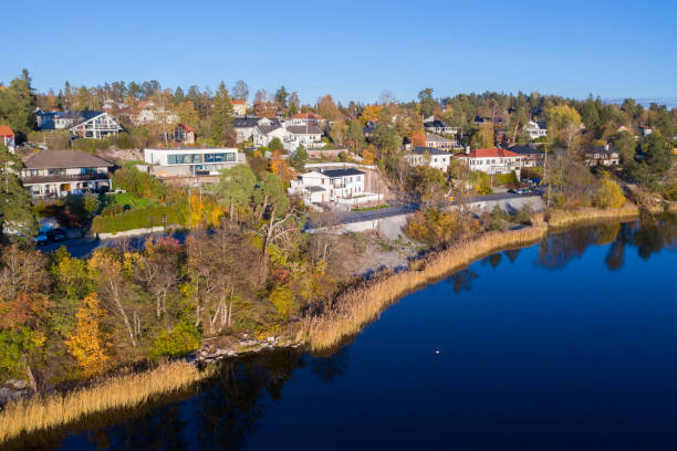 istock Edsviken,Sollentuna. Flying over villa area at lake 1064260858