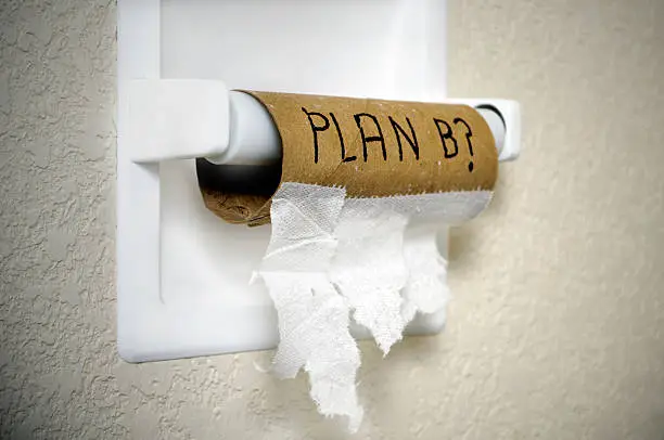 A finished roll of toilet paper with the phrase "Plan B?" framed with vignette 
