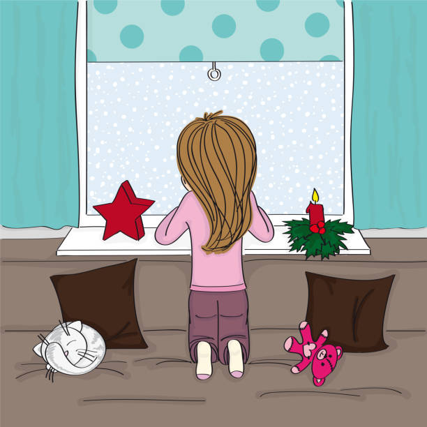 ilustrações de stock, clip art, desenhos animados e ícones de little girl kneeling on the sofa in the cosy and warm living room, looking out of the window to the winter scenery, her cat is sleeping safe and sound on the sofa. the snow is falling ouside. - cair no sofá