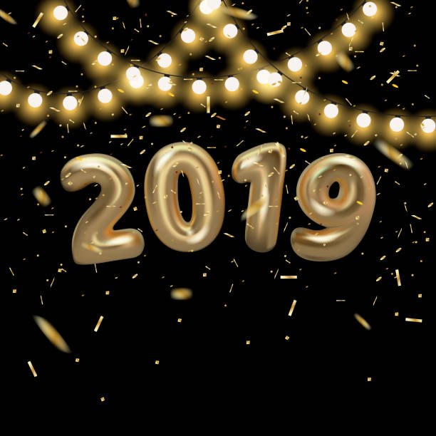 istock Happy New 2019 Year background. Golden metallic numbers, shining confetti particles and light bulb garland. Vector 3d design. Holiday poster or banner template 1064272574