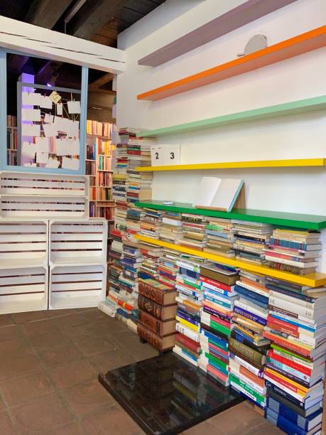istock Planning the new library - unsorted book stacks and empty shelves 1064274064
