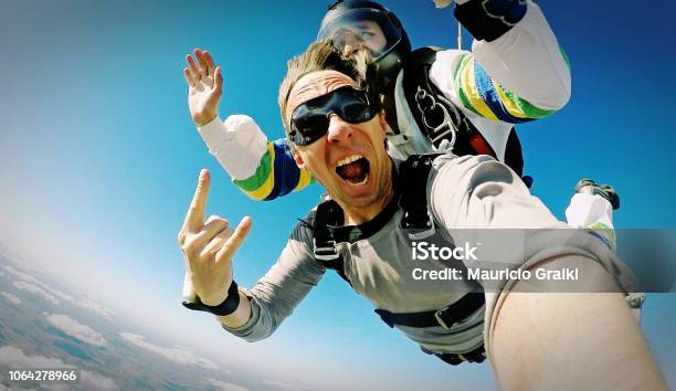Skydive Tandem Selfie Photo Effect Stock Photo - Download Image Now - Skydiving, Parachuting, Extreme Sports