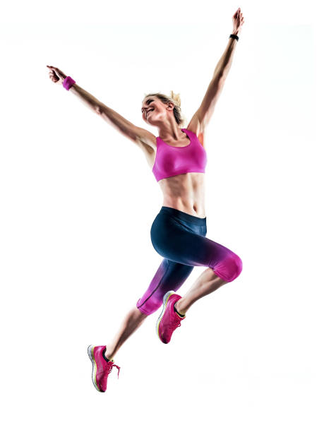 kobieta sport biegacz bieganie jogger jogging szczęśliwy odosobniony biały b - jumping women running vitality zdjęcia i obrazy z banku zdjęć