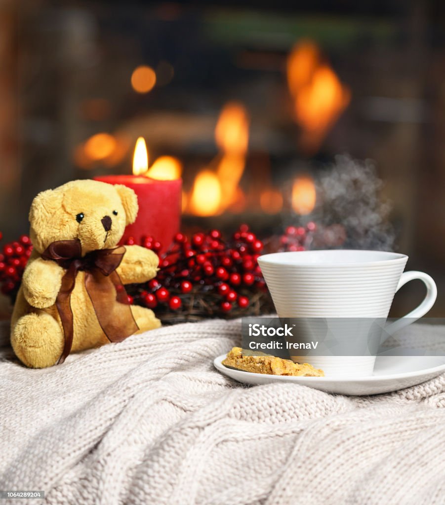 Cup Of Hot Drink With Steam Teddy Bear Candle In Red Christmas