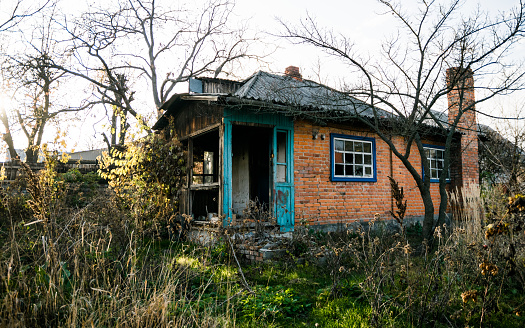 Old abandoned and destroyed brick country house against the background of an overgrown weed garden. The decline of villages in the UK and Europe