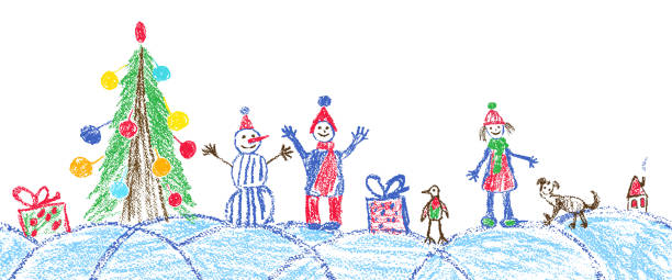 istock Like child hand drawing christmas space plaza. Crayon, pastel chalk or pencil hand drawing funny sketch doodle tree, ball, snowman, kid, boy, girl, gift box, snow, hut. 1064289374