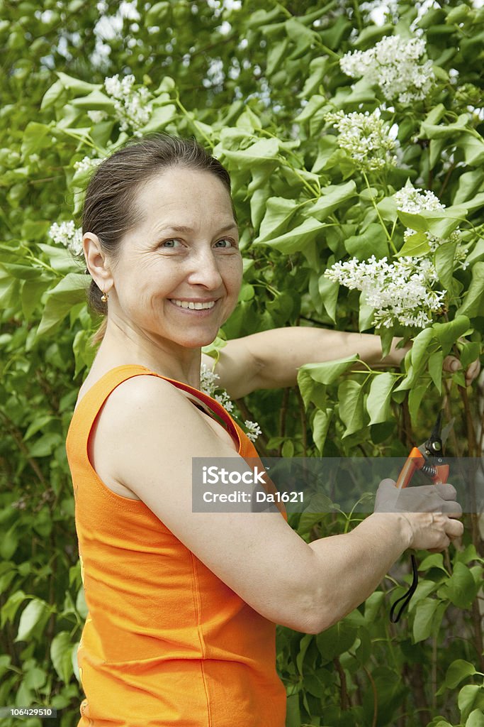 Mulher com flores gardener - Foto de stock de 40-49 anos royalty-free