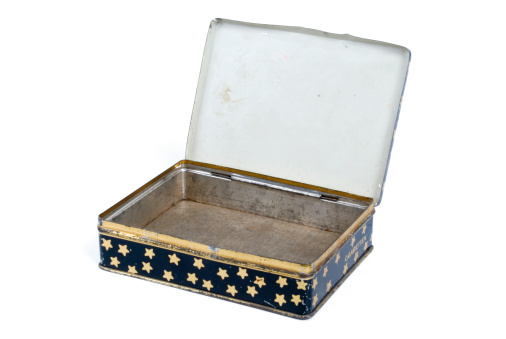 An old metal box on a white background. A dirty brass box.