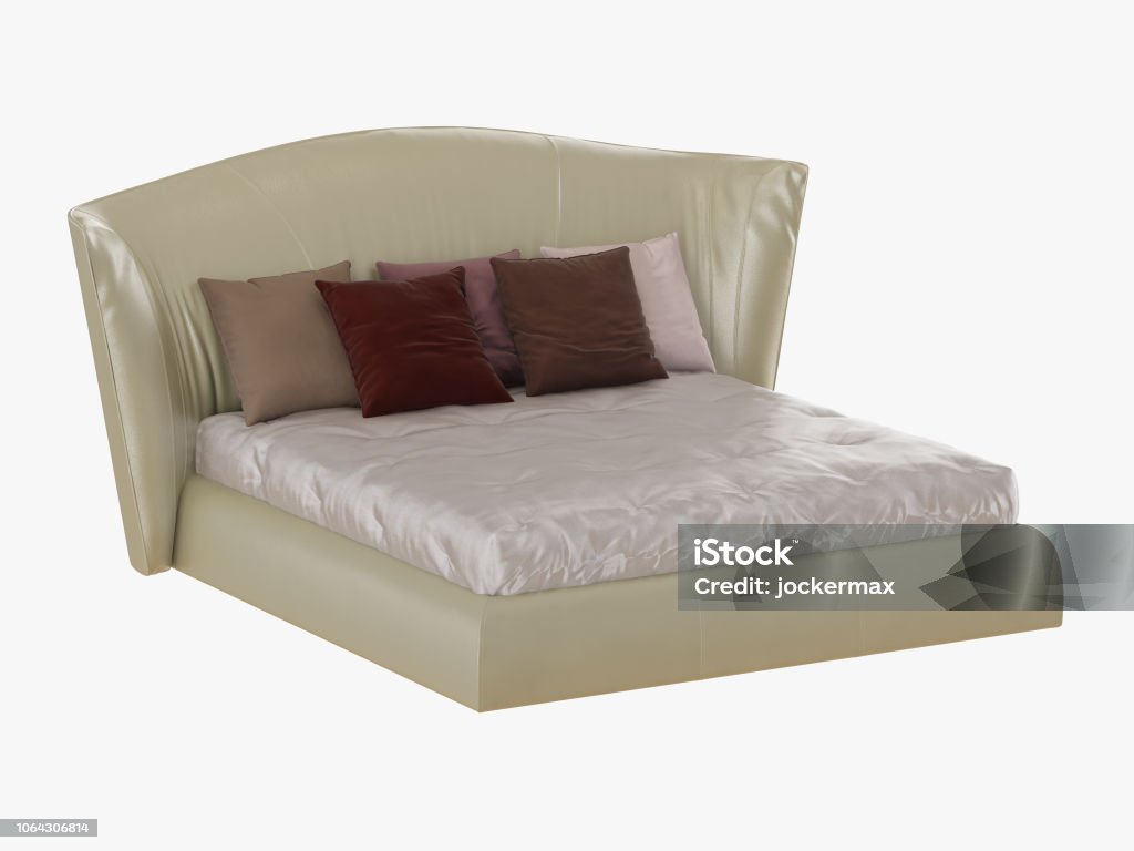 Large beige bed with a soft back and colored pillows Large beige bed with a soft back and colored pillows side view 3D rendering Apartment Stock Photo