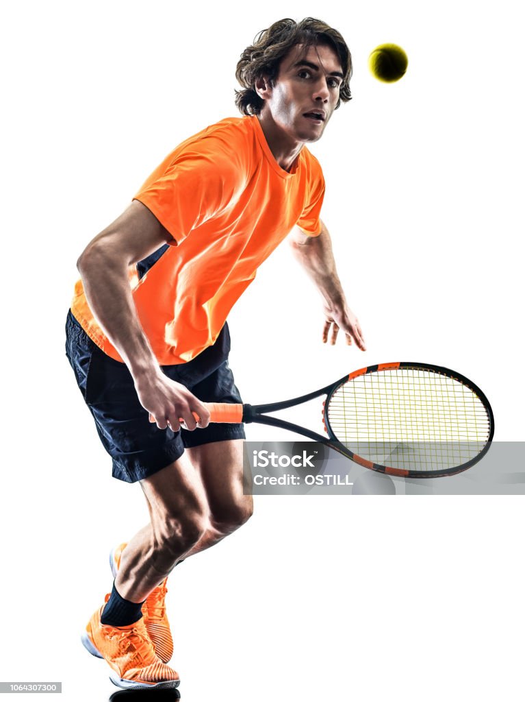 tennis player man silhouette isolated white background one caucasian hispanic tennis player man in studio silhouette isolated on white background Tennis Player Stock Photo