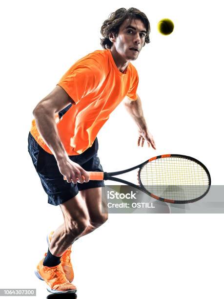 Tennis Player Man Silhouette Isolated White Background Stock Photo - Download Image Now