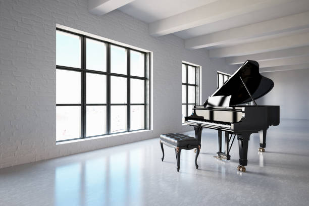 Piano with Note Sheets Black Pianoin empty white warehouse grand piano stock pictures, royalty-free photos & images