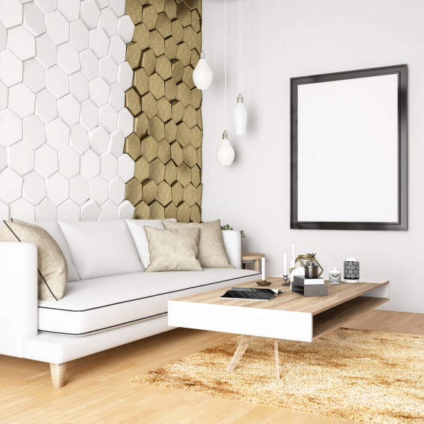 istock Modern Living Room with Geometric Golden Wall 1064321400