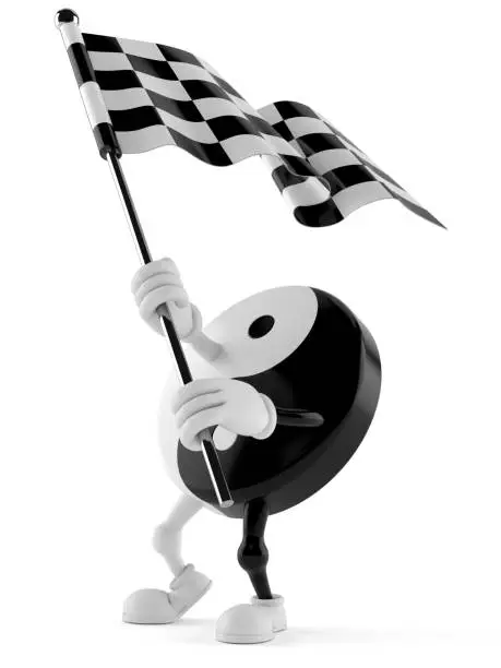 Jing Jang character waving race flag isolated on white background. 3d illustration