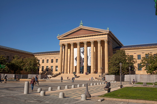 Philadelphia, Pa. USA, Nov. 4, 2018: main entrance to the Philadelphia Museum of Art with a banner for Fabulous Fashion, Philadelphia, Pa. USA