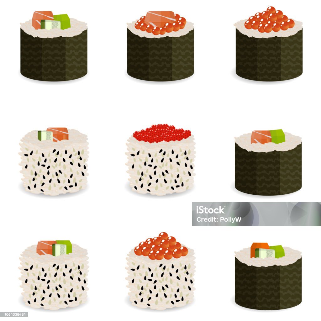 Set of 9 slices sushi rolls Set of 9 slices sushi rolls, traditional asian food. Classic recipes for restaurant menu, delivery websites, in isometric view. Asian Food stock vector