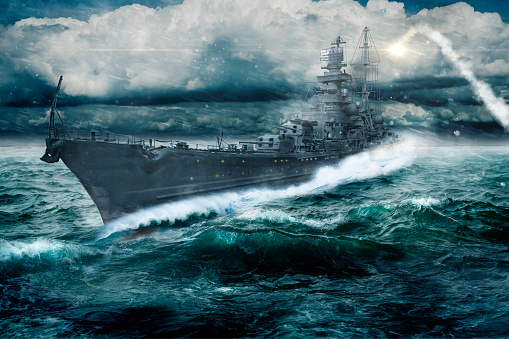 warship goes through the rough atlantic - This image is an illustration