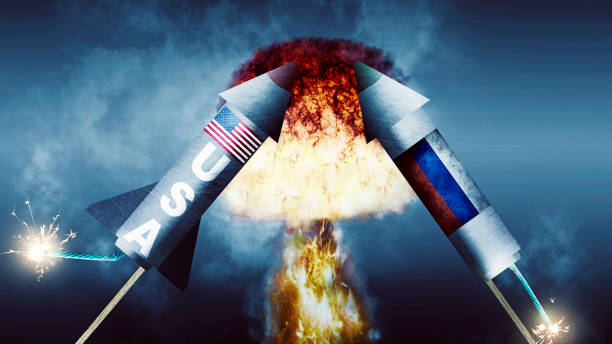 nuclear weapons of superpowers face each other stock photo