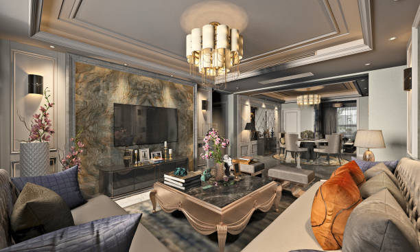 istock 3D RENDER OF POST MODERN LIVING ROOM 1064353052