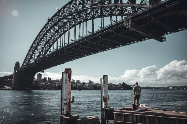 istock Fisherman under bridge on river embankment 1064353558