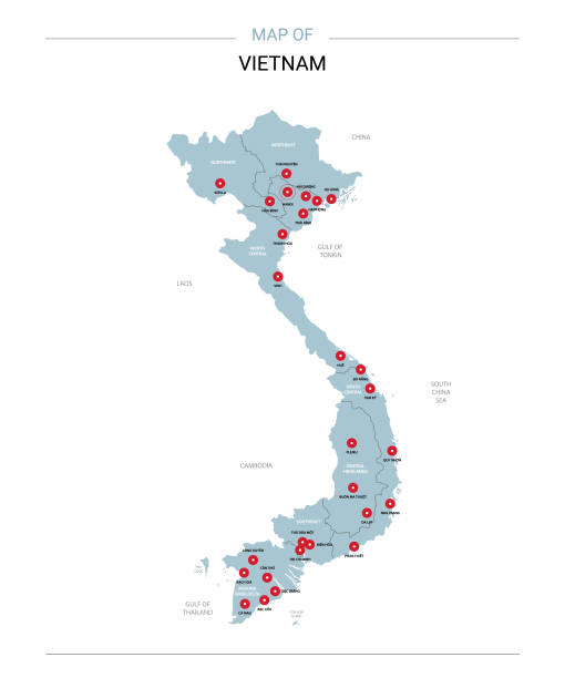 Vietnam map vector with red pin. Vietnam vector map. Editable template with regions, cities, red pins and blue surface on white background. vietnam stock illustrations