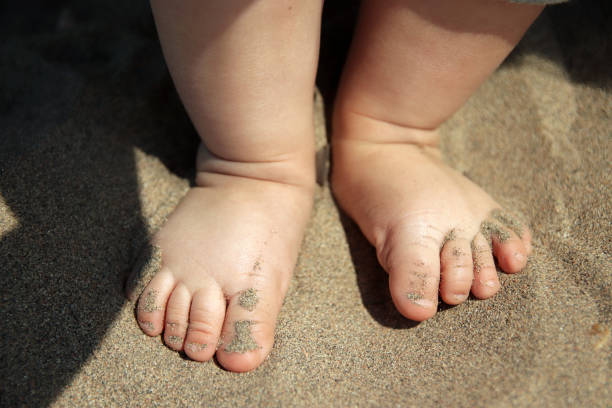 istock Little baby's feet in the sand. 1064364468