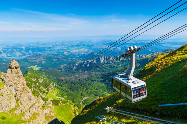 cable car on the ropes, going to Mount Kasprowy Wierch, Poland. Beautiful view of the valley cable car on the ropes, going to Mount Kasprowy Wierch, Poland. Beautiful view of the valley zakopane stock pictures, royalty-free photos & images