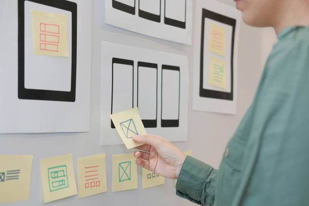 istock user experience UX designer designing web on mobile phone tablet layout. UI planning mobile application. developer work with business prototype 1064371070