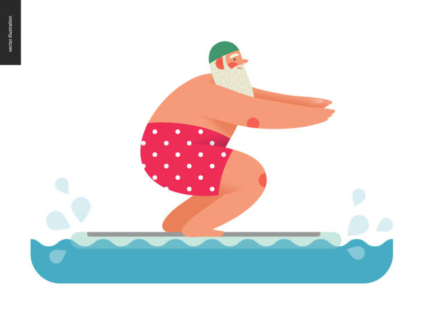 Sporting Santa - pool float fit Sporting Santa - pool float fit - modern flat vector concept illustration of cheerful Santa Claus balancing on float fit board in the pool, wearing red trunks and green cap, xmas gym fitness activity polka dot bathing suit stock illustrations