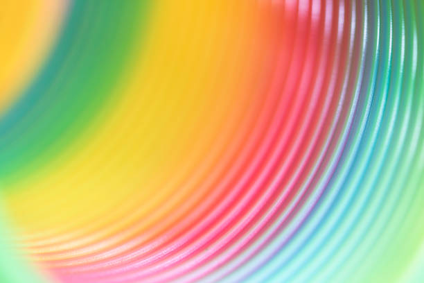 Blurred curves of a plastic rainbow slinky toy forms abstract background