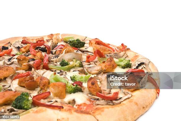 Pizza With Chicken Mushrooms Pepper And Broccoli Stock Photo - Download Image Now