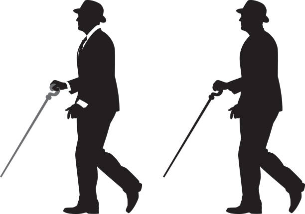 Vector silhouette of a man wearing a suit and bowler hat walking with a cane.
