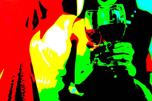 Photo of abstract art colorful girl holding glass wine dining party concept