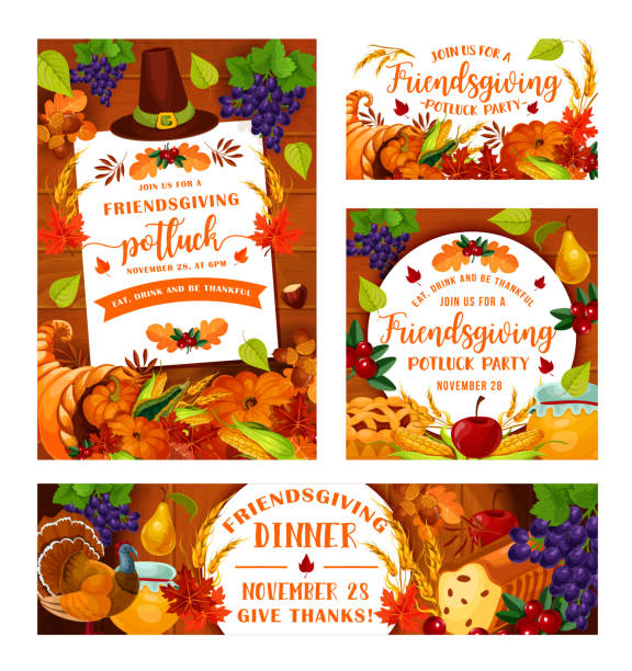 friendsgiving potluck, 추수 감사절 디너 파티 - cornucopia november pumpkin leaf stock illustrations