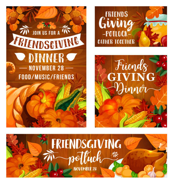 Friendsgiving potluck dinner, Thanksgiving day Friendsgiving potluck dinner party of Thanksgiving holiday picnic. Vector Friendsgiving eat and drink feast of friends dinner, turkey and pumpkin or corn, berries and honey in leaves thanksgiving dinner stock illustrations