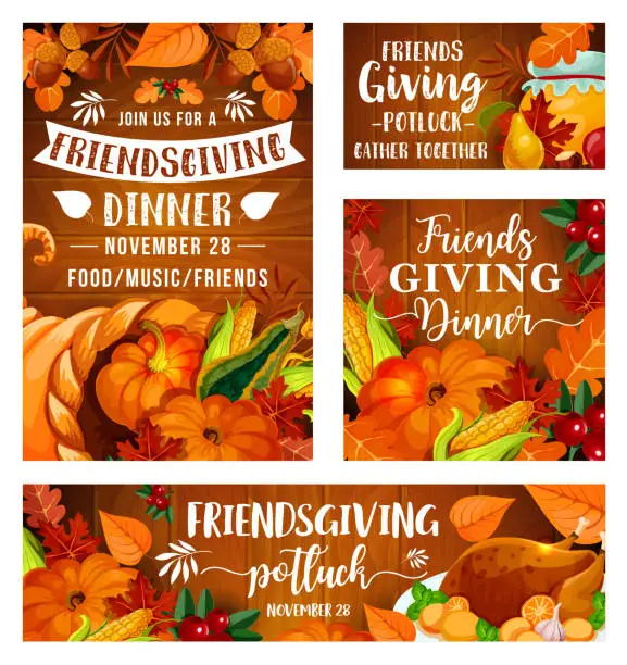 Vector illustration of Friendsgiving potluck dinner, Thanksgiving day