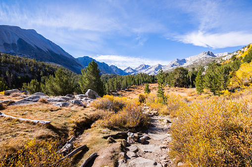 Sunny autumn day; Little Lakes Valley trail, John Muir wilderness, Eastern Sierra mountains, California