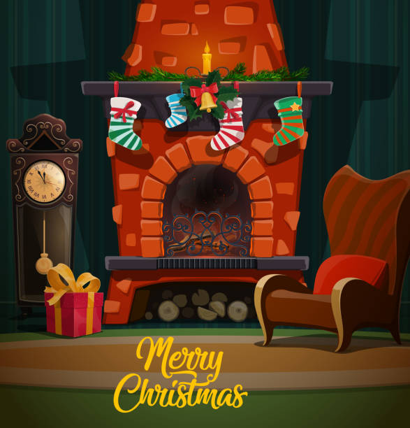 weihnachten-kamin mit weihnachten geschenke und strümpfe - weihnachtsstrumpf stock-grafiken, -clipart, -cartoons und -symbole