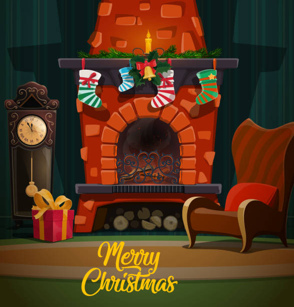 Christmas fireplace with xmas gifts and stockings Christmas fireplace in room interior with Xmas and New Year winter holidays gifts, Santa stockings and fir tree garland, chairs, clock and candle, holly and bell. Merry Christmas vector design christmas stocking background stock illustrations