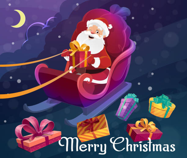 istock Christmas gifts, Santa claus on sleigh, night sky 1064398306