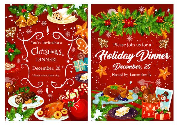 ilustrações de stock, clip art, desenhos animados e ícones de christmas holiday festive dinner invitation card - christmas dinner
