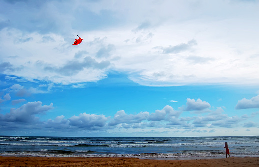 girl with kite on the ocean
