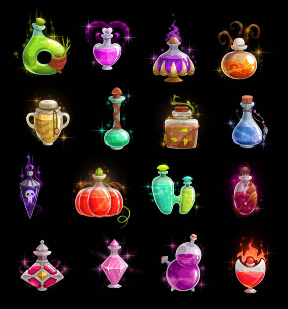 хэллоуин ведьма зелье, эликсир и ядовитые бутылки - toxic substance poisonous organism bottle potion stock illustrations