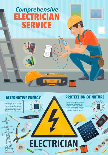 Vector illustration of Electricity repair service, electrician worker