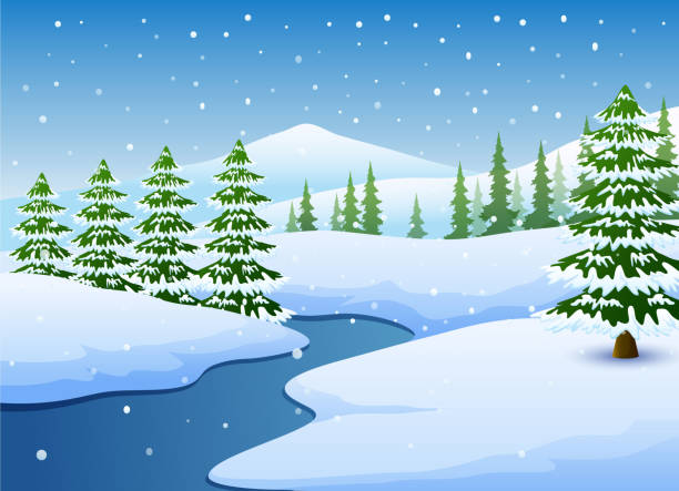 ilustraciones, imágenes clip art, dibujos animados e iconos de stock de invierno paisaje con árboles de abeto y lago congelados - 7004