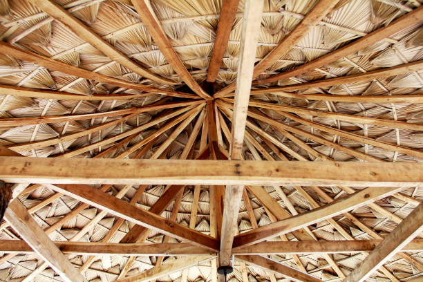 istock Wooden roofing frame and thatch, roof, thatched texture background. 1064412782