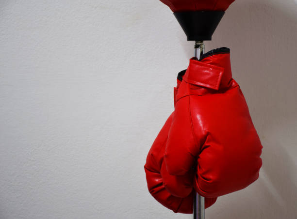 istock Red boxing gloves hanging on punching ball pole on concrete wall 1064414188
